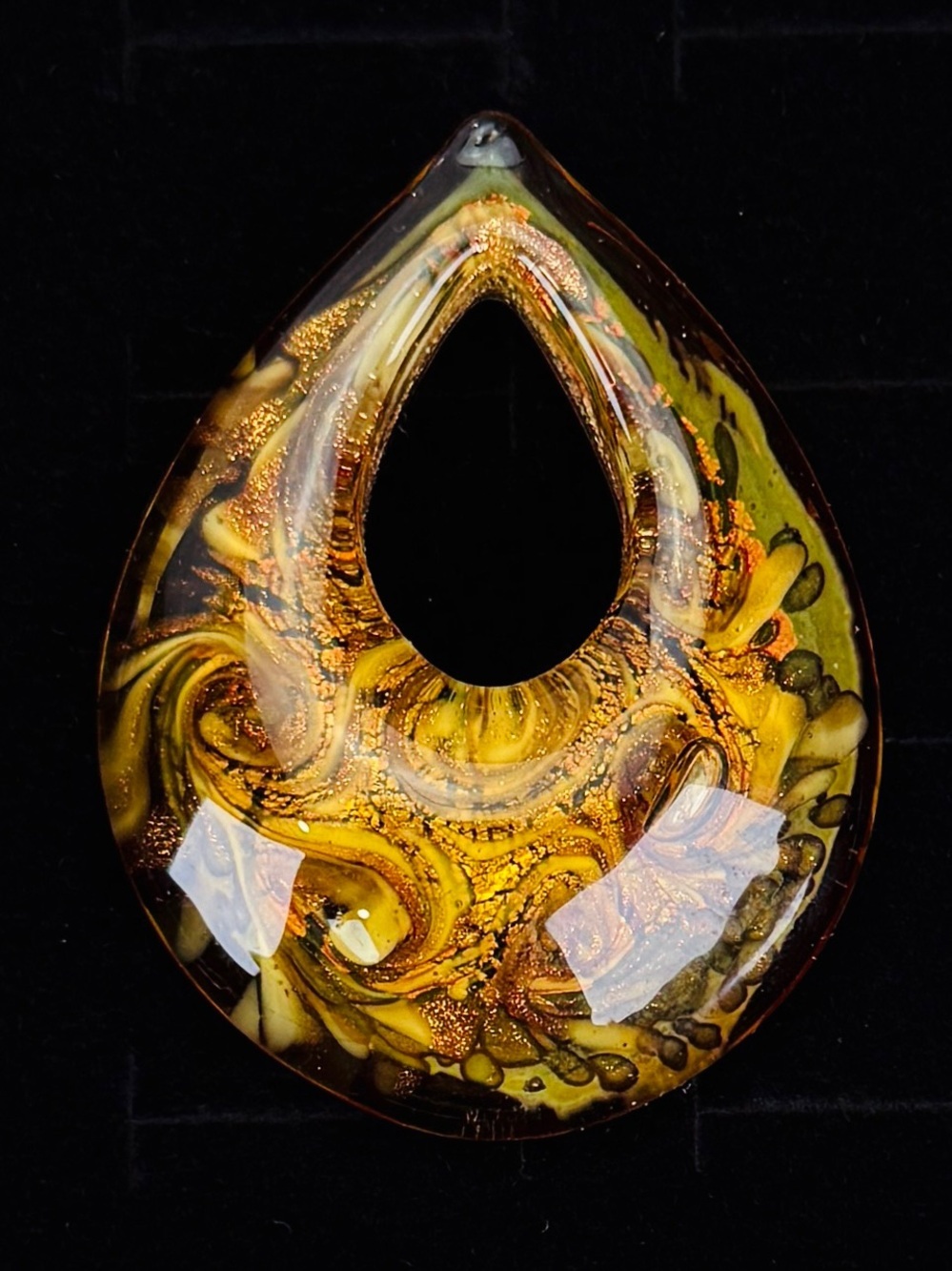 Handmade Teardrop Glass Pendant in Olive Green & Gold